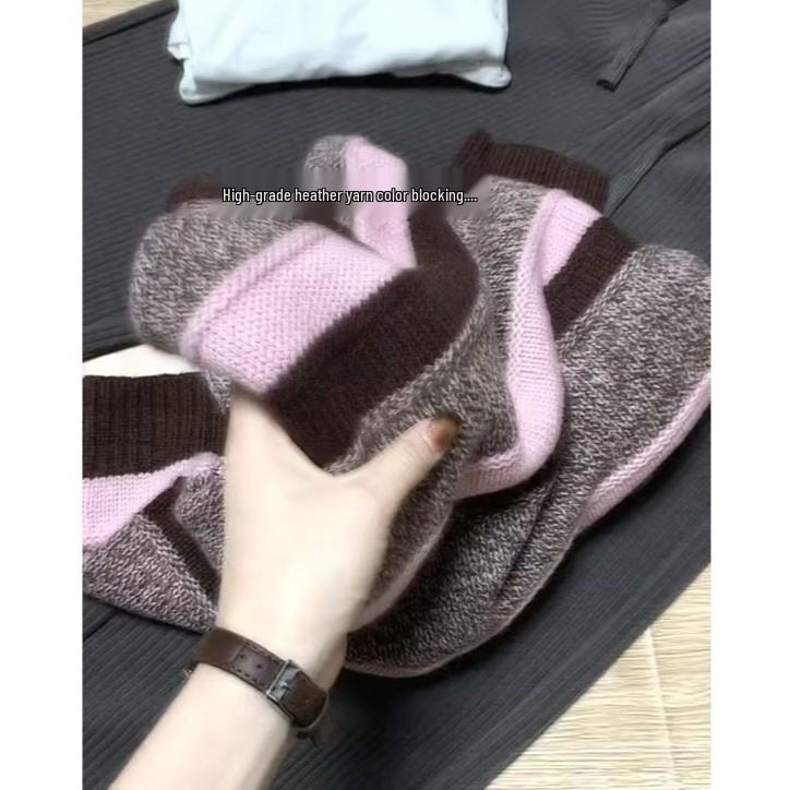 

Women s 2025 Cozy Color Block Striped Knit Sweater - Soft & Versatile Loose Fit 2XL (125-140 jin)