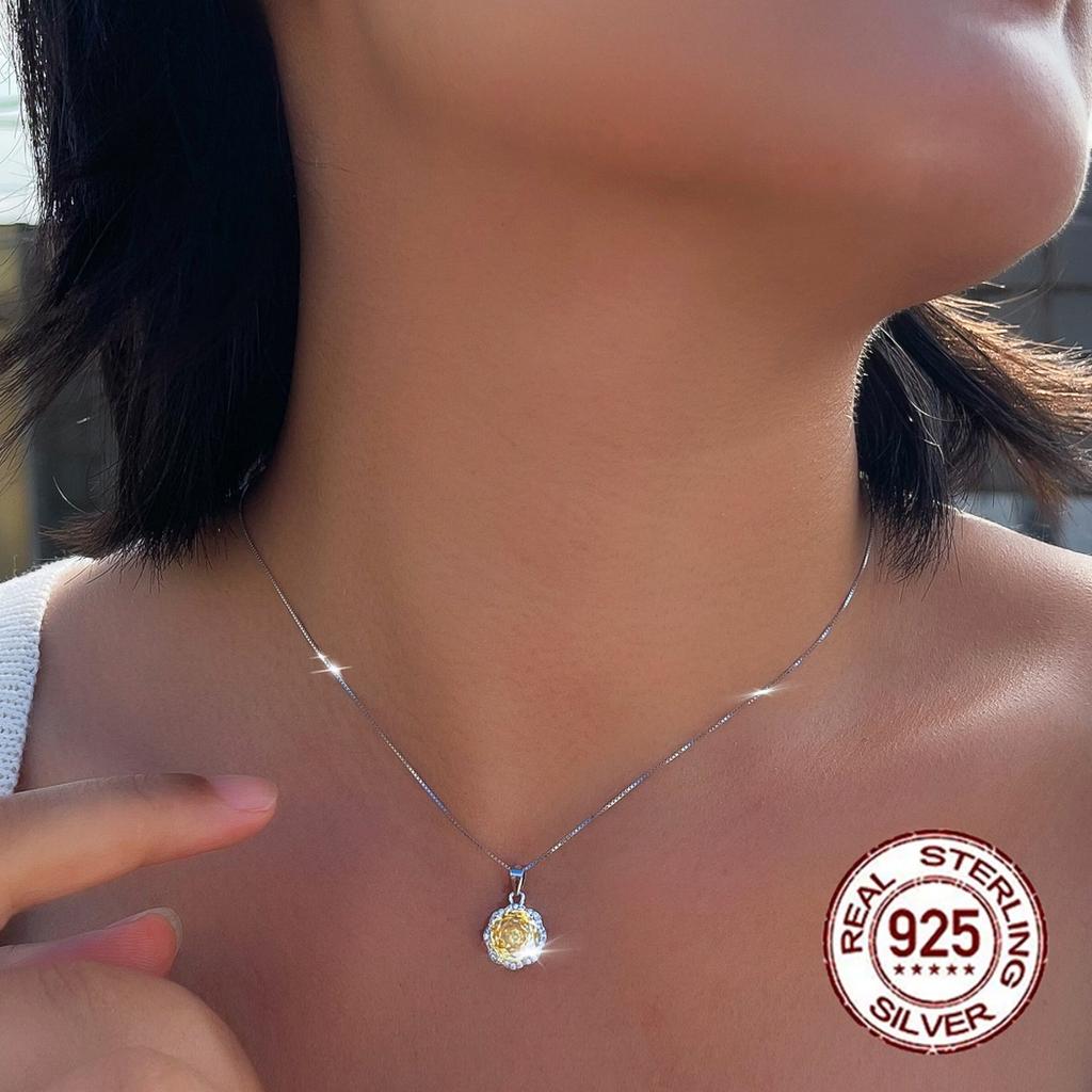 925 Sterling Silver Rose Flower Cut Pendant Necklace with Rhodium Plating Yellow Purple Pink CZ for Women's Romantic Party Wear