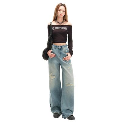 Retro Ripped Jeans for Women Spring Loose Slim High Waist Wide-leg Jeans for Women Wide-leg Jeans for Women Ripped Jeans