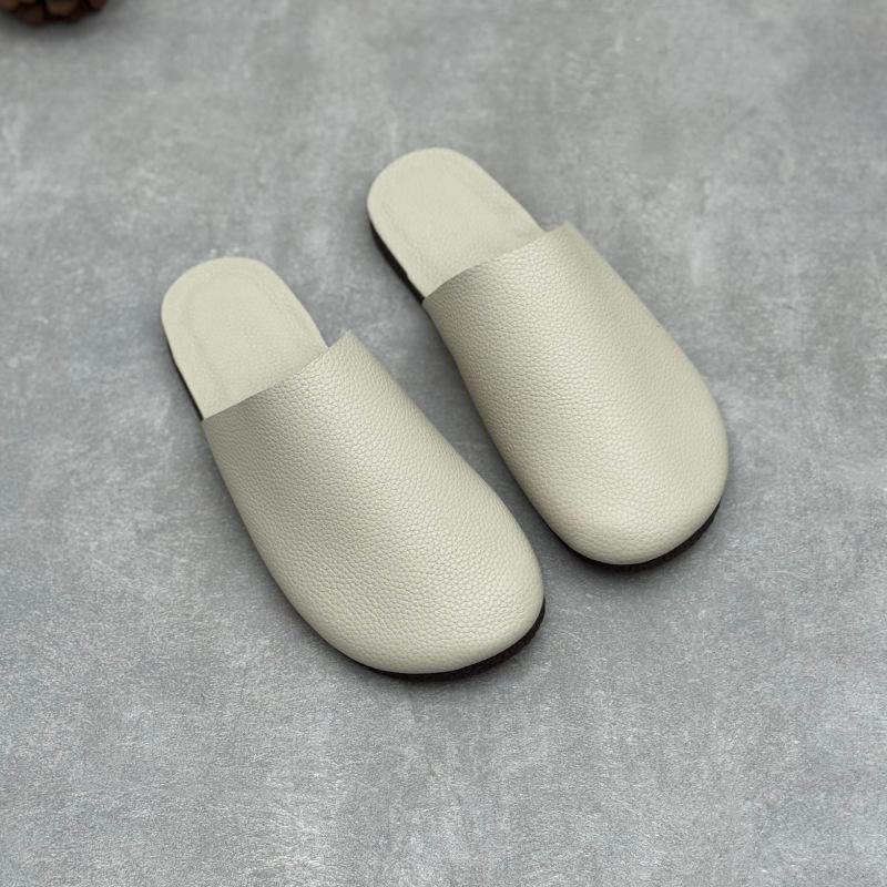 Johnature Genuine Leather Round Toe Flat Slippers Versatile And Comfortable Soft Soled Women's Slip-on Shoes