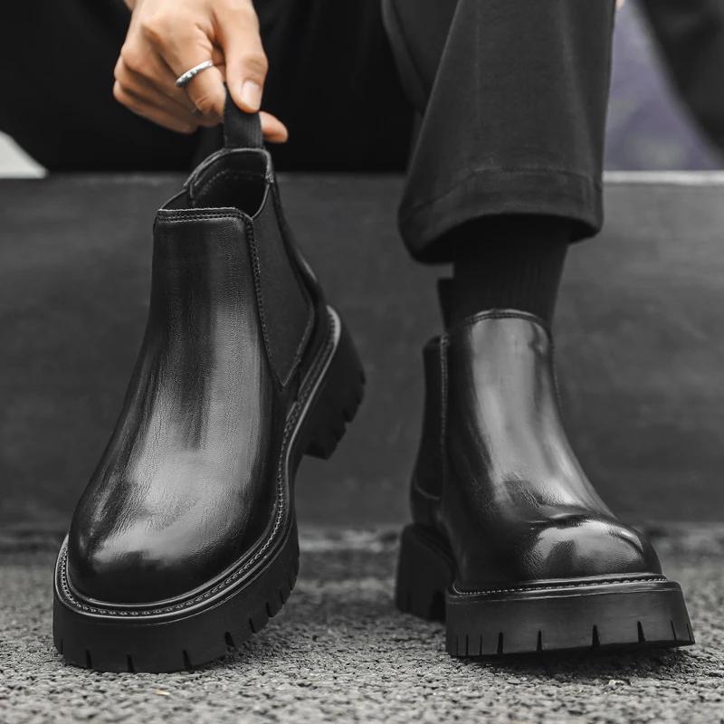 Fashion British Style Men's Street High Top Shoes Thick Soled Wear-resistant Men's Workwear Boots Versatile Black Leather Casual Shoes
