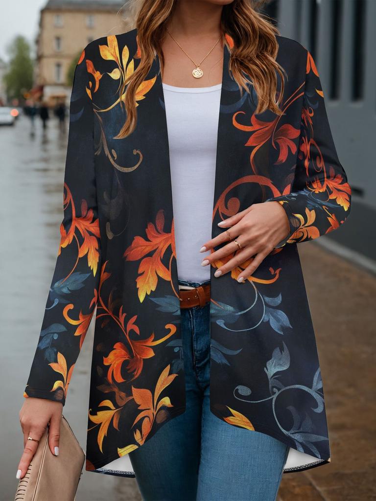 Damen Cardigan mit 3D-Blumen-Blätter-Print, Gold-Orange Langarm-Mantel, Offenes Design vorne, Elegante Lässige Herbstkleidung