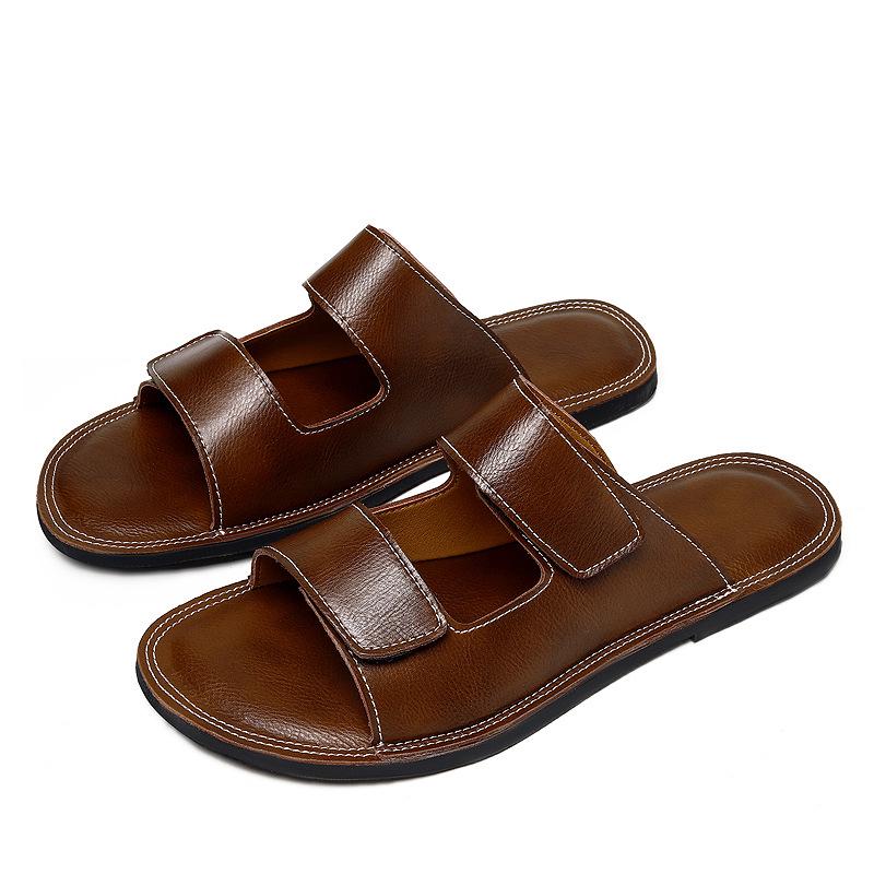 Men's Large Size High-End Leather Beach Sandals - Soft Sole Single Strap Summer Slippers (Sizes 46-47)
