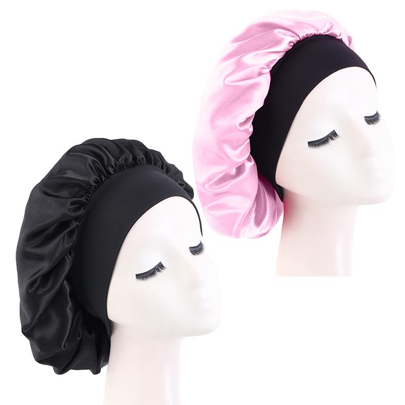 Neue Satin-Schlafmütze für Damen Breites elastisches Band Duschhauben für natürliches langes lockiges Haar Badezimmerzubehör