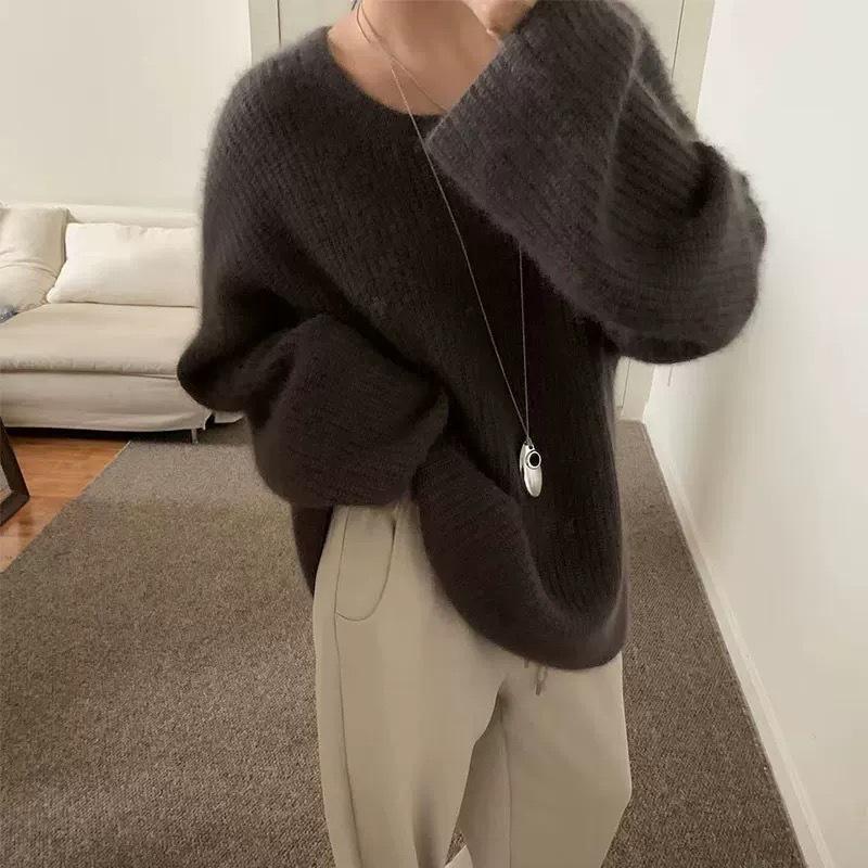 Dámský francouzský svetr s kulatým výstřihem - Podzim/Zima, Volný střih, Měkká pletenina, Ležérní styl, Silný design