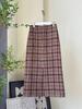 Ready Stock Red Plaid High-Waisted Woolen Skirt with Slit - Retro French Style for Autumn/Winter
