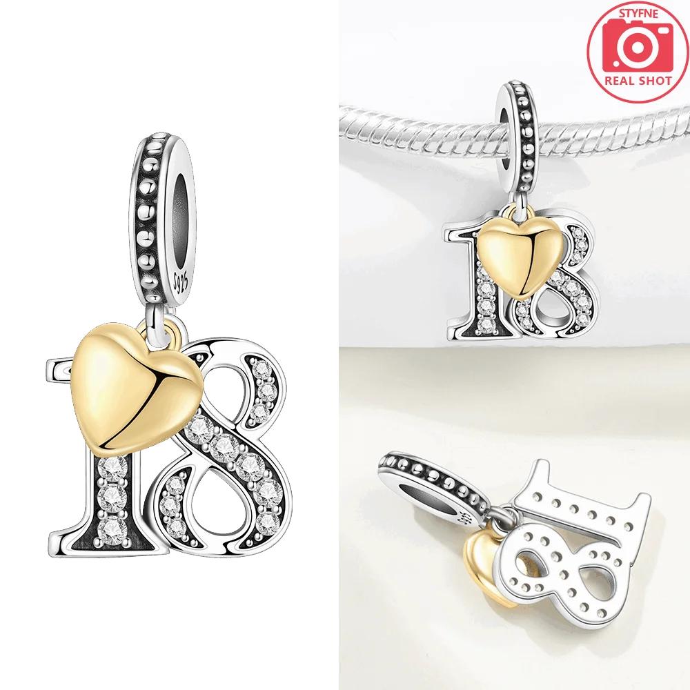 Copper Charms Original White Zircon Gemstone Yellow Heart Number Pendant 18 Beads Fit Bracelet Women Jewelry Diy Fine Gift