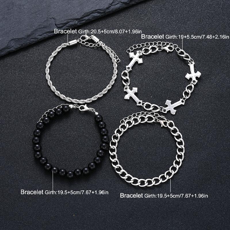 4 Pcs Stainless Steel Bracelet Set For Men Women Punk Fashion Cross Beads Chain Bracelets Simple Hip Hop Unisex Jewelry Gift