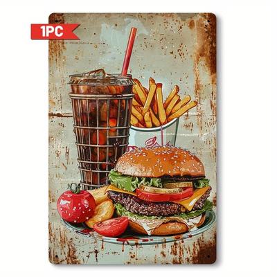 Style Vintage Art Mural en Bois Burger Amusant Décor Frites avec Soda Tomates Pommes de Terre Parfait pour Salon Chambre K