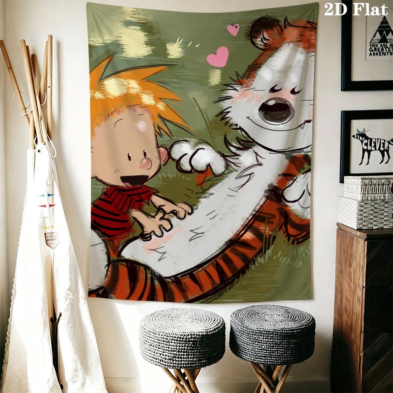 Calvin and Hobbes Wall Tapestry Aesthetic Wall Hanging Printed Fabric Blanket Decorative Tapestries for Bedroom Living Room Home Decor