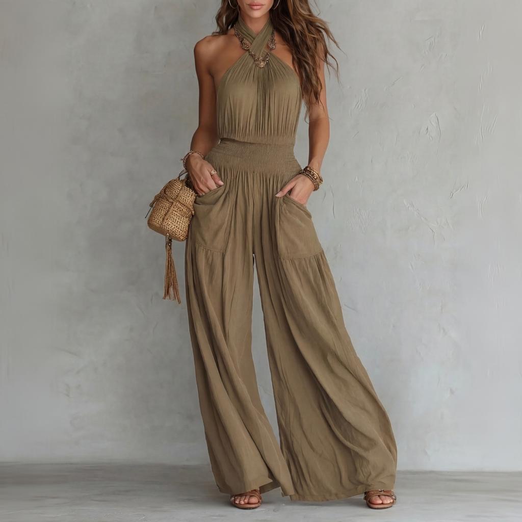 Ärmelloser Rückenfreier Jumpsuit für Damen, Neckholder, Weites Bein, Mit Taschen, Lässiger Lockerer Einteiler