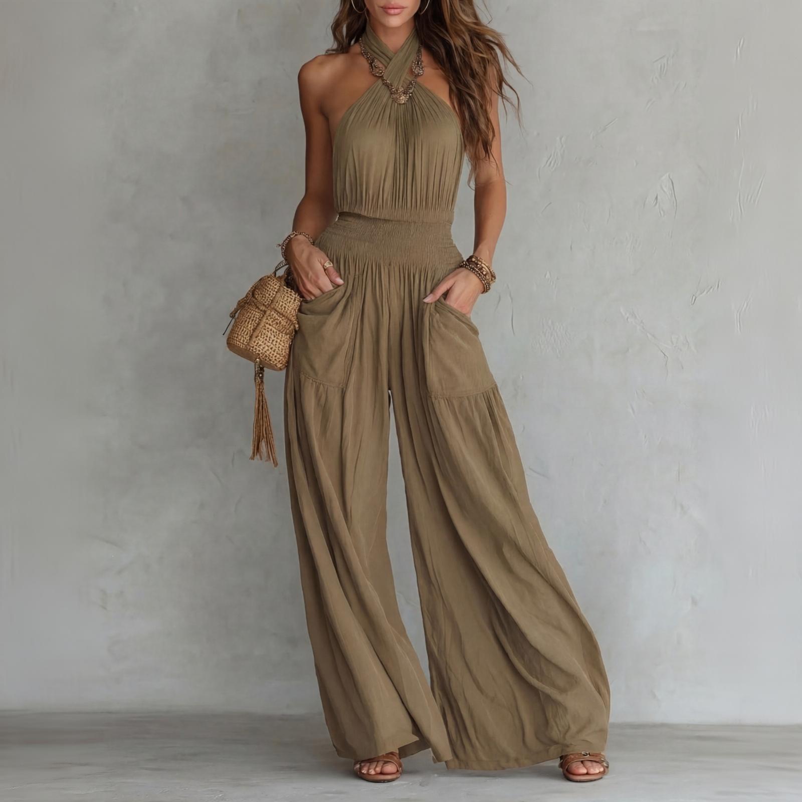 Ärmelloser Rückenfreier Jumpsuit für Damen, Neckholder, Weites Bein, Mit Taschen, Lässiger Lockerer Einteiler XL kamelfarben