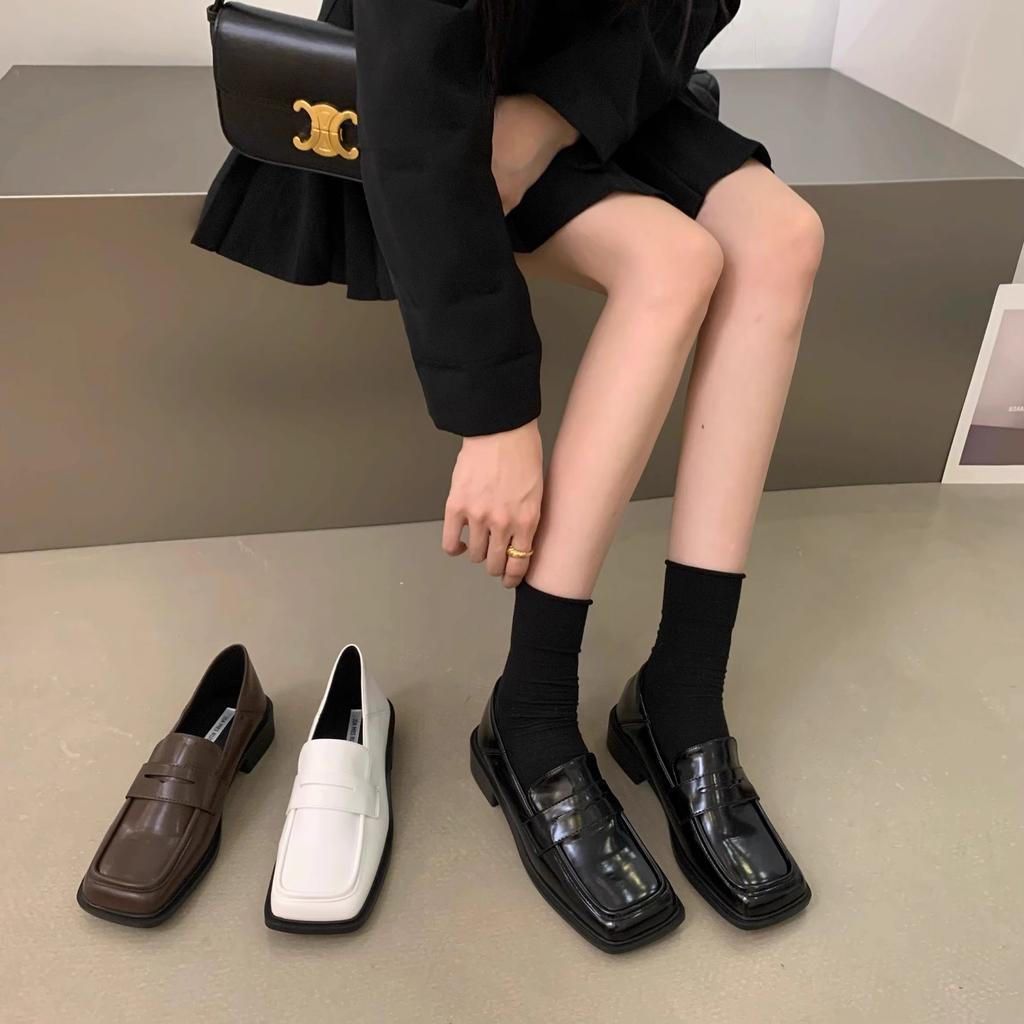 Lodičky na silném podpatku se čtvercovou špičkou, jarní a podzimní mokasíny, dámské boty 2025 nová jarní černá retro britský styl malé kožené boty