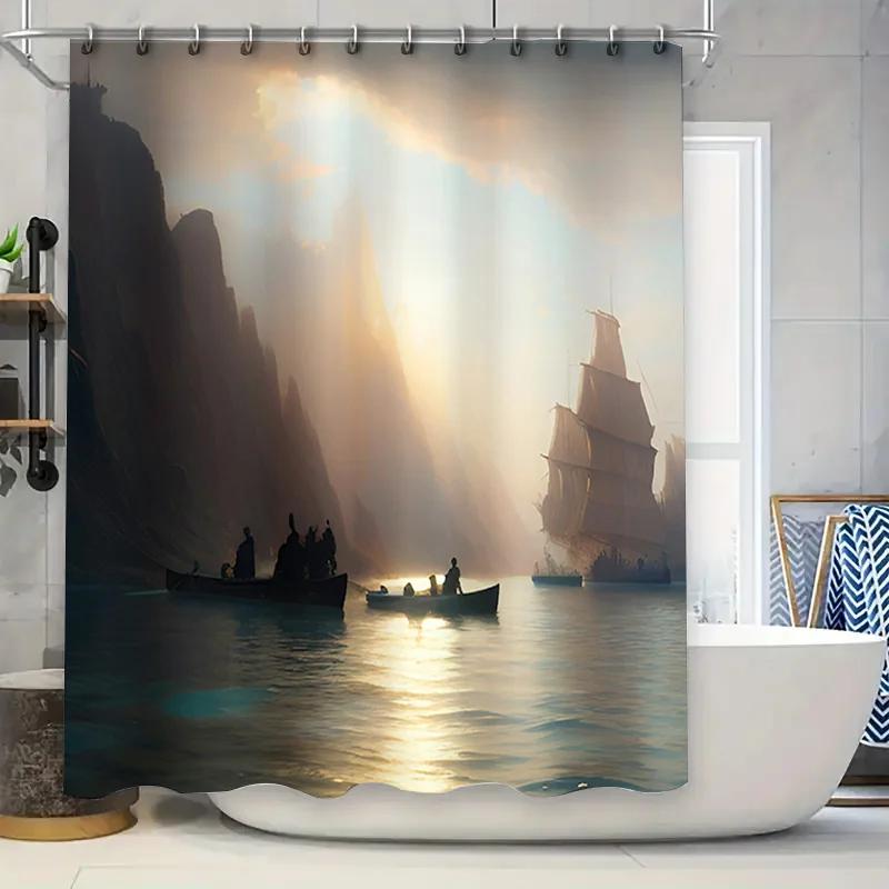 

Artistic Bath Shower Curtain With Antique Ships Design Waterproof Fabric For Bathroom Decorations In Modern Style W60H190(CM)-1 Pcs