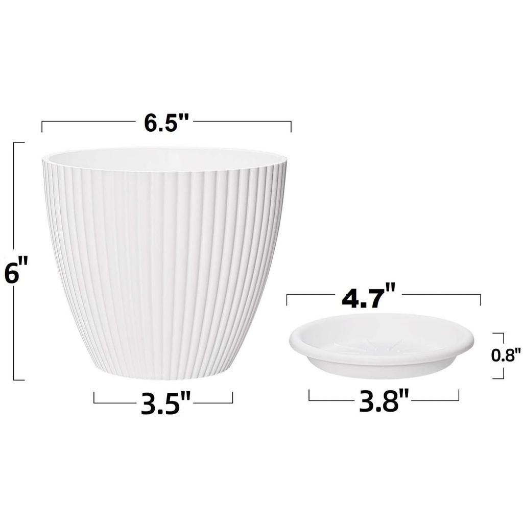 Plastic Round Flower Pots with Tray for Home Planters, Terrace, Garden Etc | Pack of 05 | White | Size 6.5 Inch | for Home Indoor & Outdoor