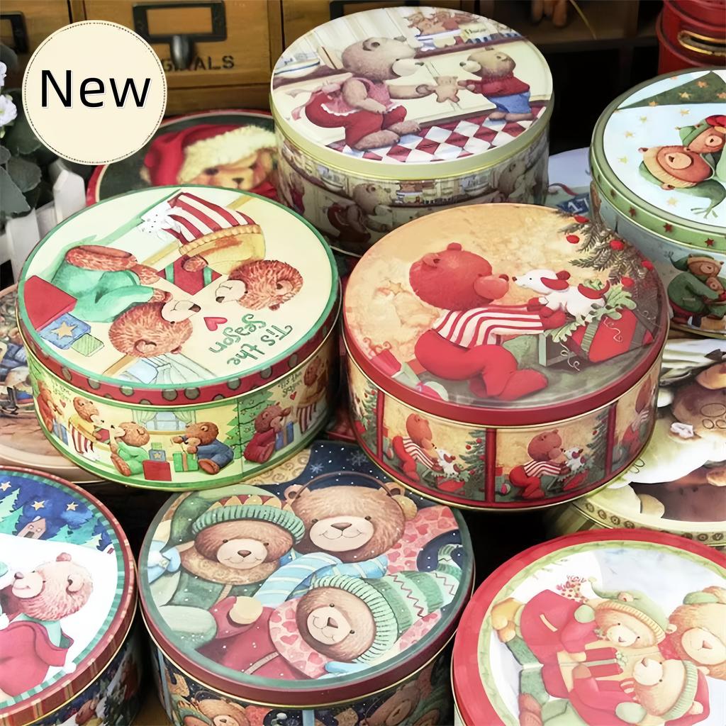 Round Gift Packaging Box Christmas Candy Chocolate Tin Box Cartoon Pattern Cookie Jars With Lid Travel Portable Coin Storage Box