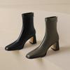Krazing Pot Microfiber Flock Winter Square Toe Thick High Heels Slip on Stretch Boots Stovepipe Women Ankle Boots
