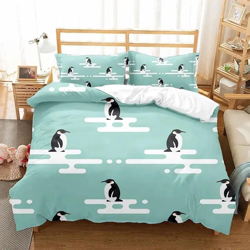 Cute Penguin Cartoon Animals Comfortable Duvet Quilt Cover Pillowcase Bedding Set Children Bedroom Decoration Home Textile