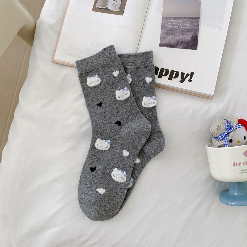 Early Autumn Boneless Socks Flocked Korean Cute Cartoon Bow Cat Mid-Tube Socks Versatile Socks Cotton Socks