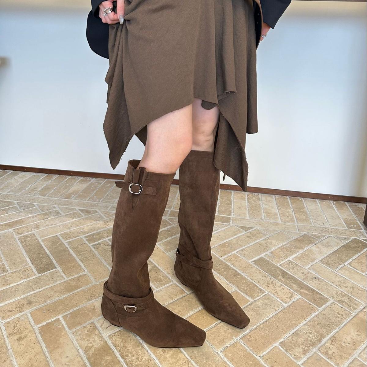 

2025 new retro western cowboy boots women s niche fashion pleated belt buckle knee thick heel boots 40 темно-коричневого