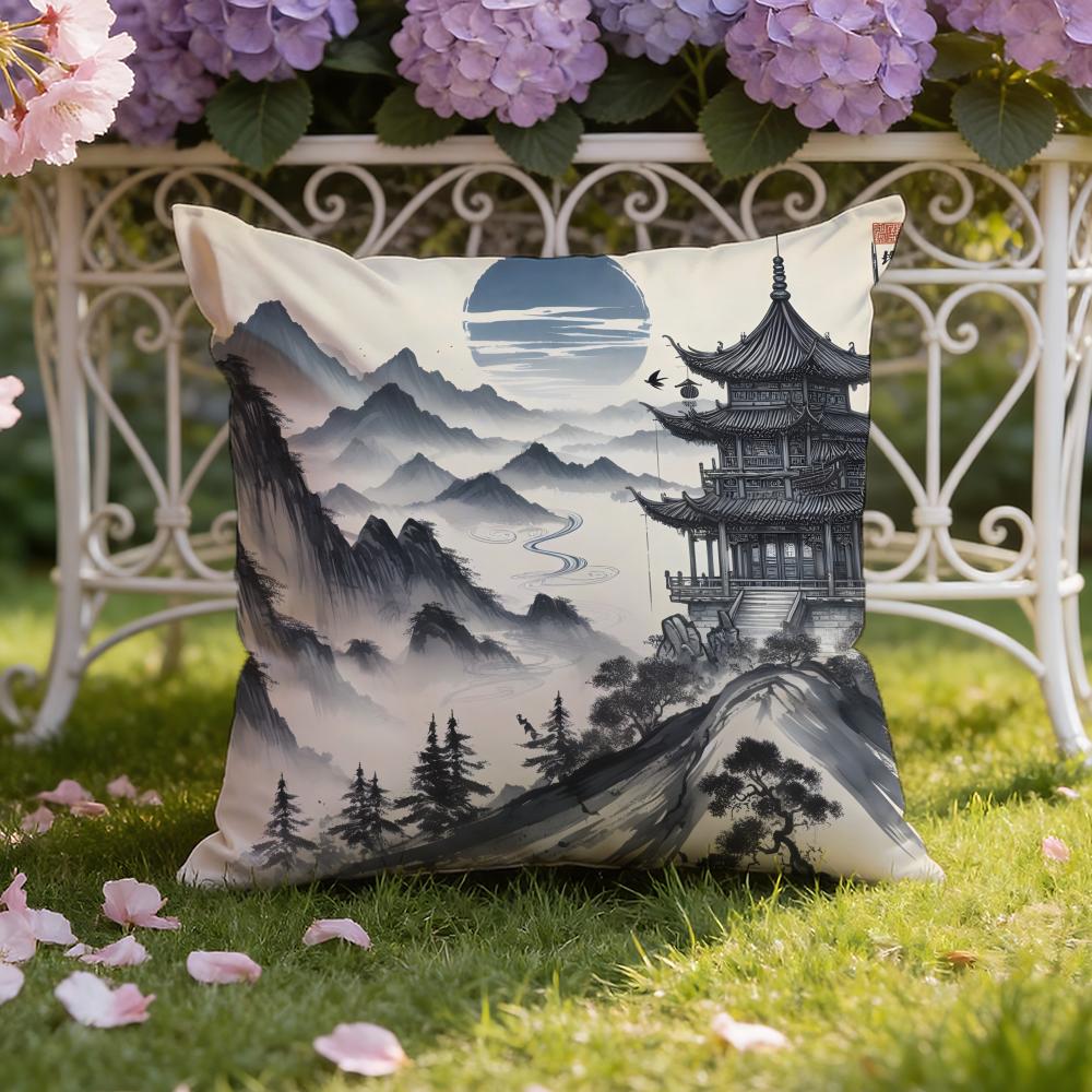 Chinese Ink Painting Style Cushion Cover Home & Car Dual-Scene Pillow Cover: Reversible for Premium Comfort