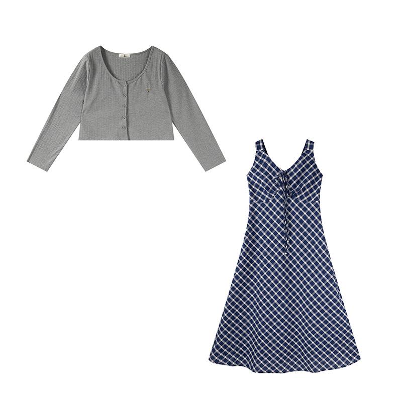 Shuangtian Spring Plus Size Retro Plaid Dress & Cardigan Set for Women 4XL