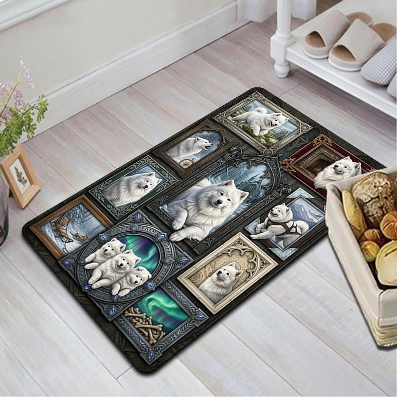 White Canine Portraits Pattern Rug Floor Mat for Living Room or Bedroom Soft and Comfortable Carpet a Gift for Birthday and Holiday.