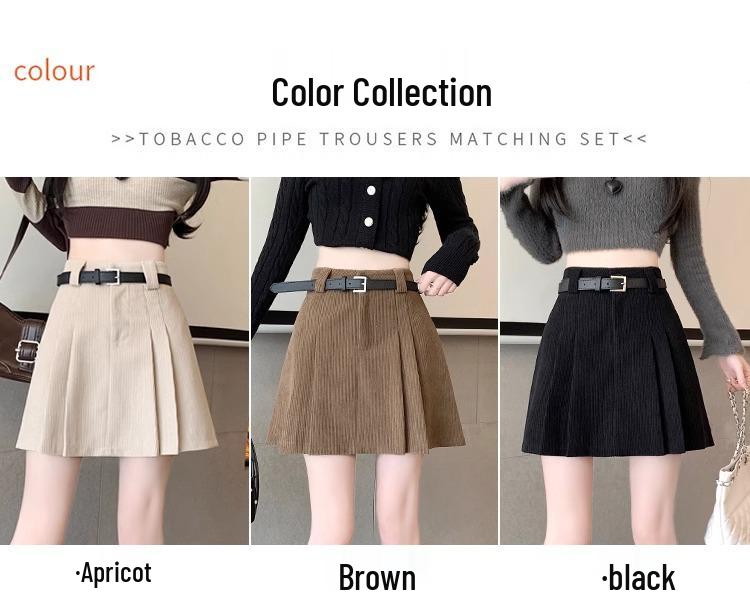 Women's High Waist Khaki Corduroy A-Line Mini Skirt - Petite Slimming Pleated Design for Autumn/Winter 2024