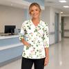 Women's Floral Print V-Neck Scrub Top with Pockets, 3/4 Sleeves and Side Slits for Uniform