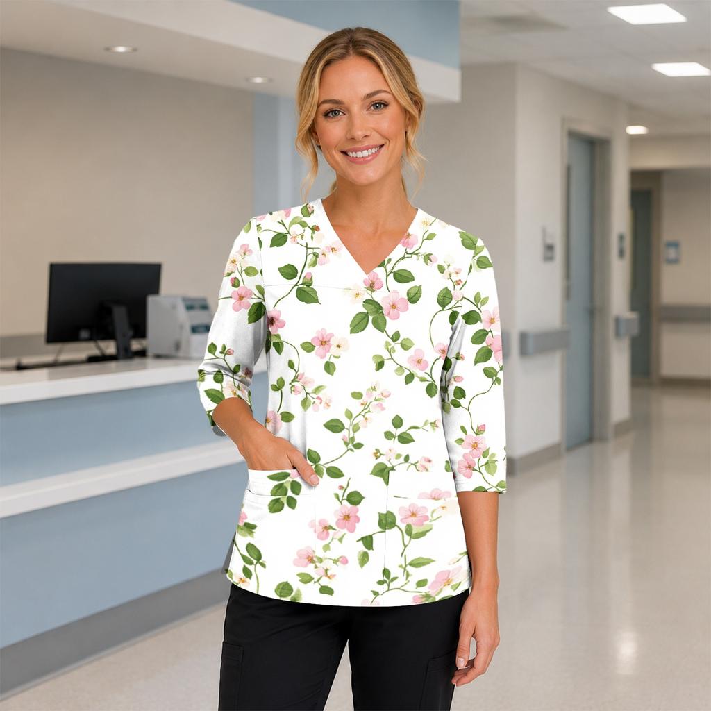 Women's Floral Print V-Neck Scrub Top with Pockets, 3/4 Sleeves and Side Slits for Uniform