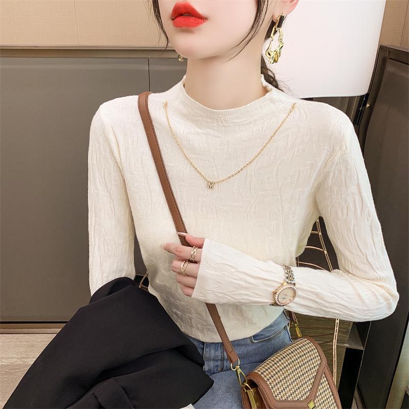 Halbhoher Kragen, strukturiertes Basishemd, mittelhoher Halsausschnitt, faltiges Oberteil, langärmeliger Pullover für den Frühherbst