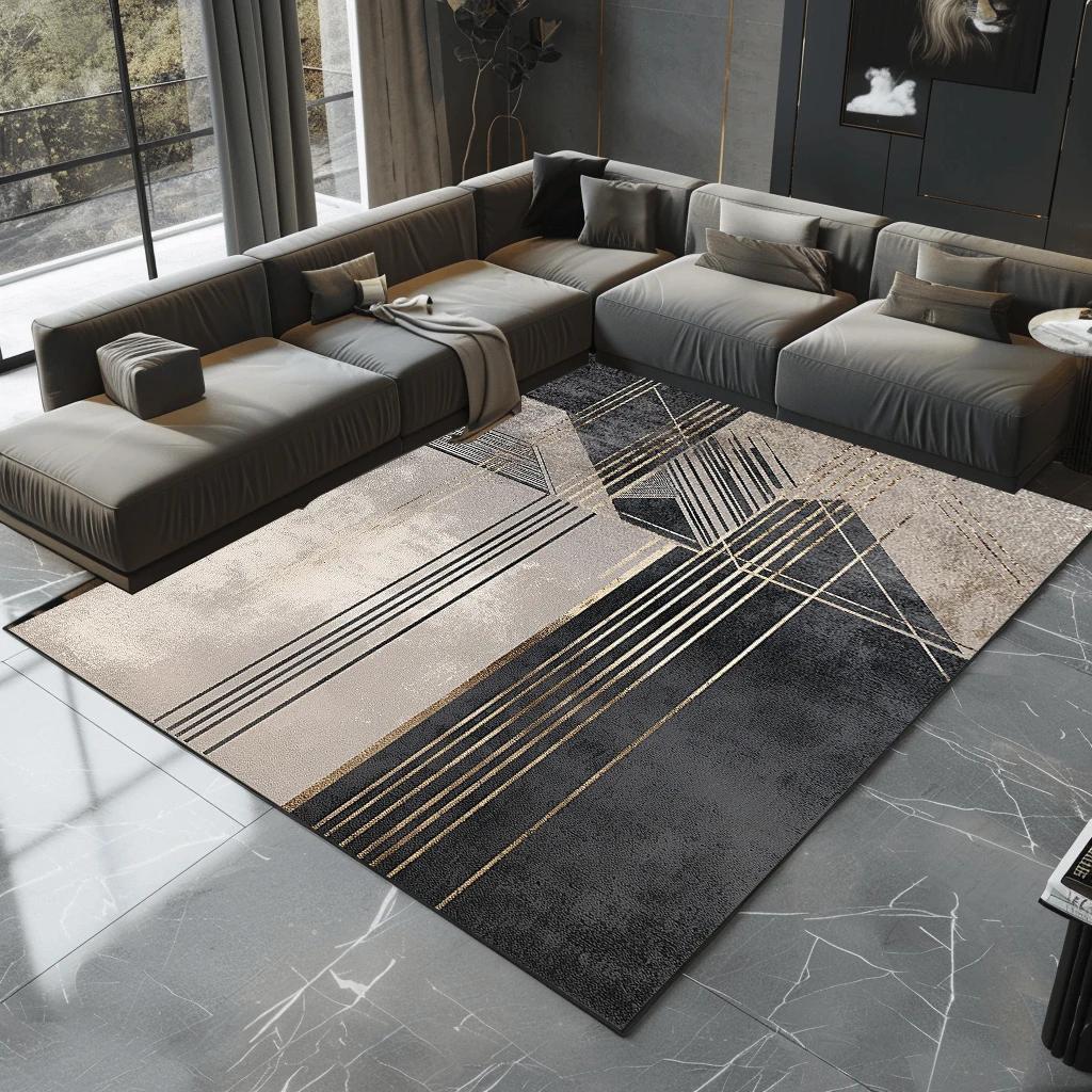 Geometric Line Design Area Rug Non-Slip Black & Grey Carpet for Living Room Bedroom Bedside Large Floor Mat Home Decor