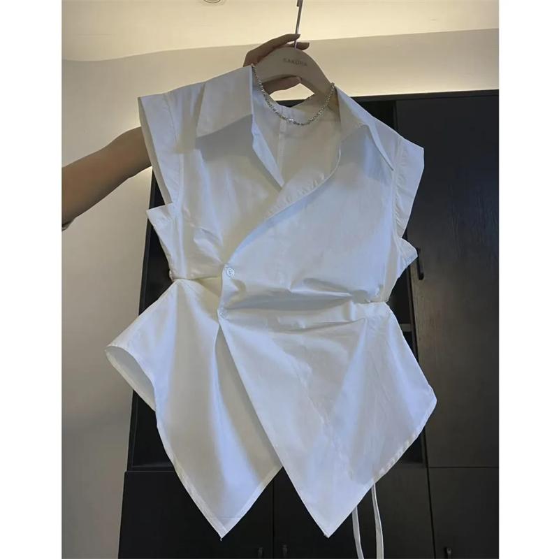 

Women s Vest Coat Spring Autumn Sleeveless POLO Collar Be All-match Ladies Vest Jacket Solid Color Pleated Lady Waistcoat S белый