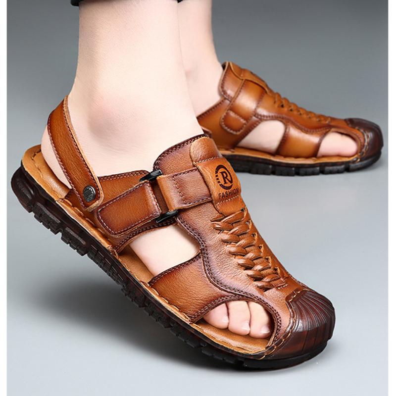 2025 Sommerschuhe Herren Echtes Leder Sandalen Flach Rutschfest Rindsleder Männerschuhe Modemarke Schwarz Gelb Schuhe