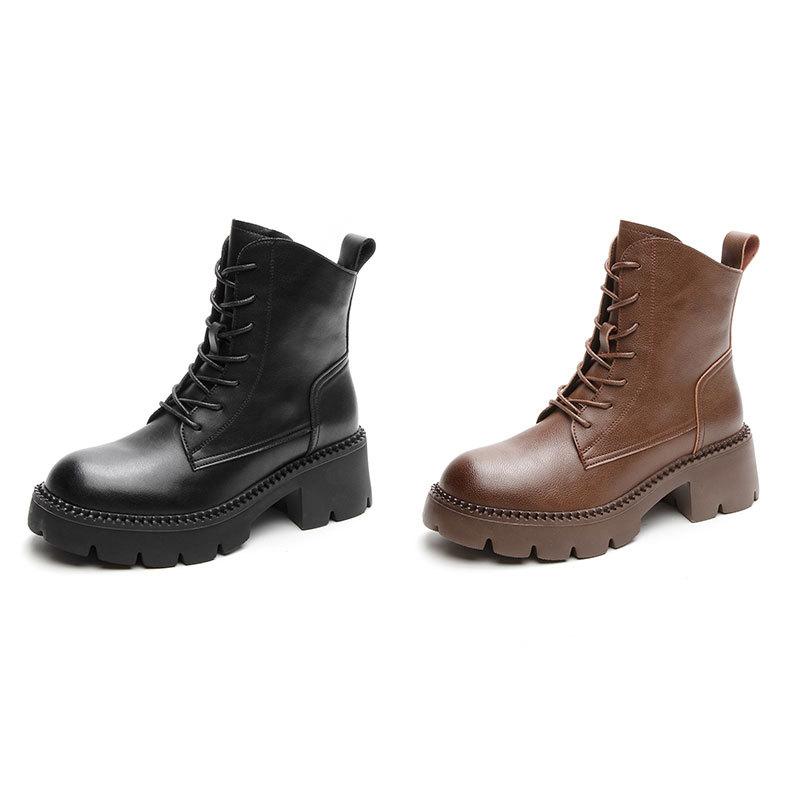 Vintage British Leather Martin Boots Autumn and Winter Thick Heel Fleece Women's Boots Versatile Round Head High Heel Short Boots