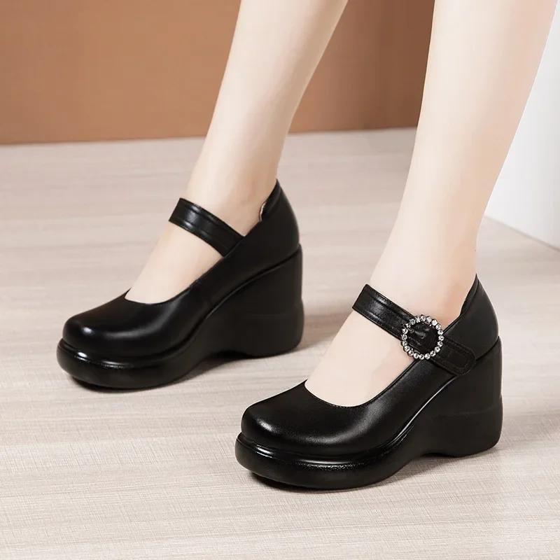 8cm Small Size 32-43 Elegant Soft Leather Mary Janes Platform Wedges Shoes 2025 Fall High Heels Pumps for Office Mom Work Dance