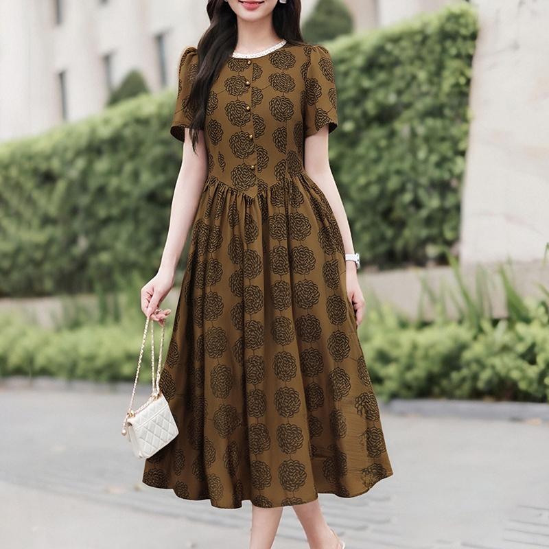 

ZANZEA Женское летнее кружевное платье с круглым вырезом, короткими рукавами и принтом 4XL коричневый
