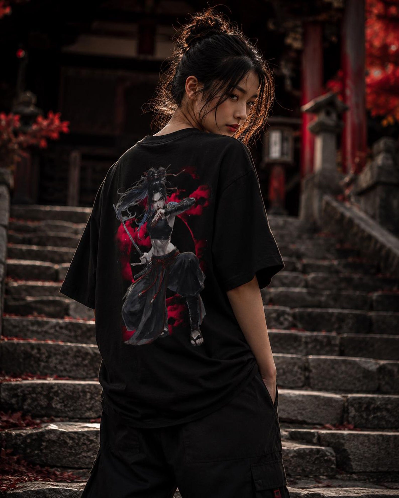 Duality Samurai T-Shirt, Japanese Female Warrior Oversized Tee, Japanese Streetwear Graphic Shirt, Front and Back Print XL