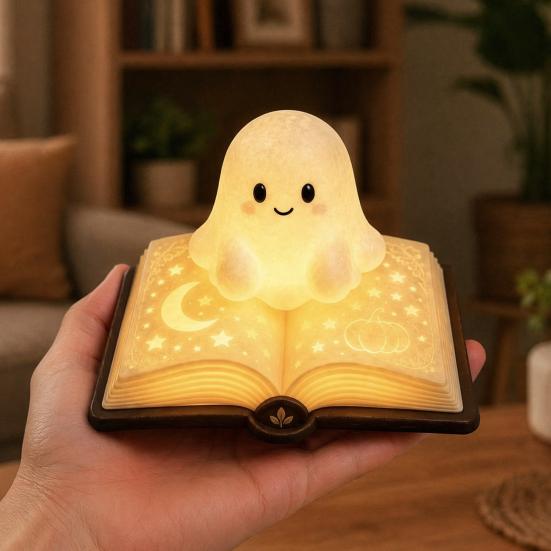Soft Warm Yellow Light Magic Book Ghost Night Light, Resin Tabletop Glow Lamp with Moon Safe Bedside for Kids Star Relief, Cute Sleeping Bedroom,