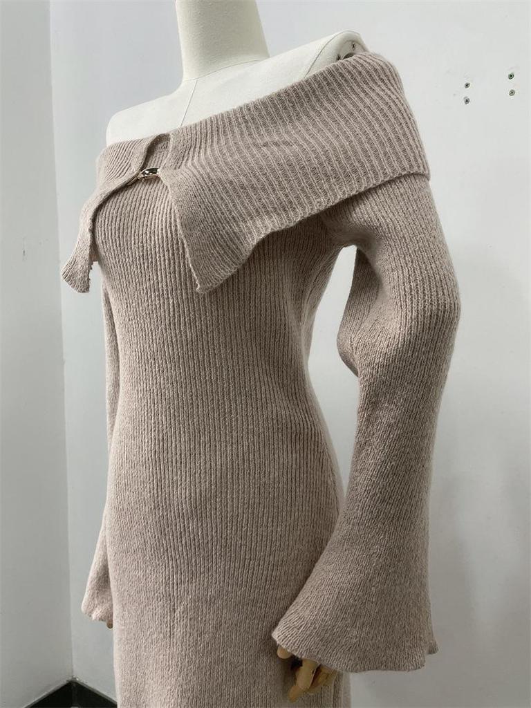 Women's Elegant Off-the-Shoulder Knit Dress with Lapel - European & American Style 2026