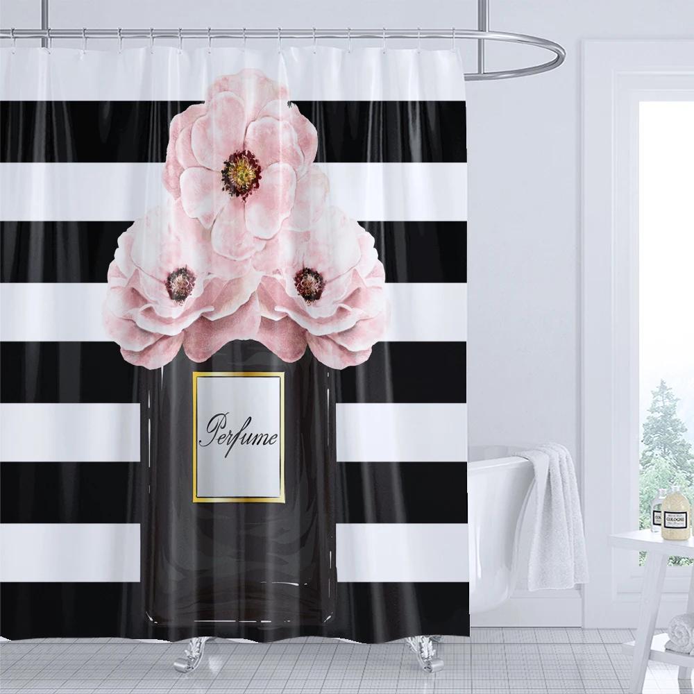 

Modern Cosmetics Perfume Flowers Shower Curtain Minimalist Art Girl Decoration Polyester Fabric Bathroom Curtain With Hooks W60H190(CM)-1 Pcs