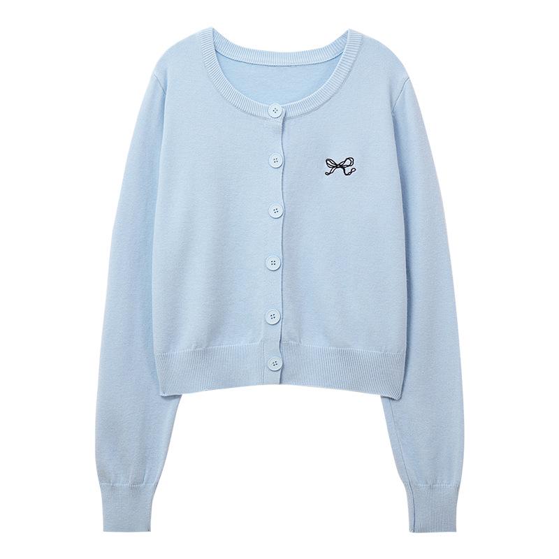 Women's Petite Gray Knit Cardigan - Embroidered Academy Style, New Spring/Summer 2025 Collection