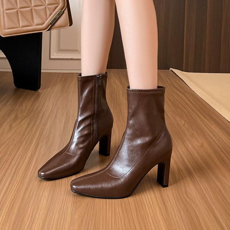 Fashion Pointed Toe Soft Leather Women'S Ankle Boots Autumn Winter Stiletto Short Boots Side Zipper Design Party Women'S Shoes
