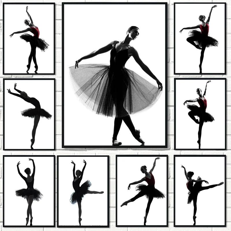 Modern Black White Ballet Dancer Canvas Painting Silhouette Beauty Girl Photo Art Prints and Posters Wall Art Pictures for Decor