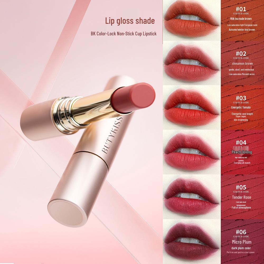 Waterproof, moisturizing matte lip glaze with color-lock, cup-proof, long-lasting formula that doesn't show lip lines.