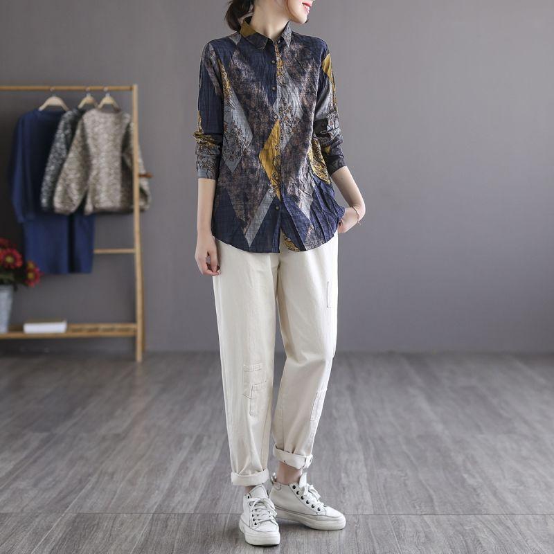 Large Size Loose Artistic Retro Casual Shirt for Women Spring Retro Printed Loose Single Breasted Long Sleeved Top Blouses Shirts