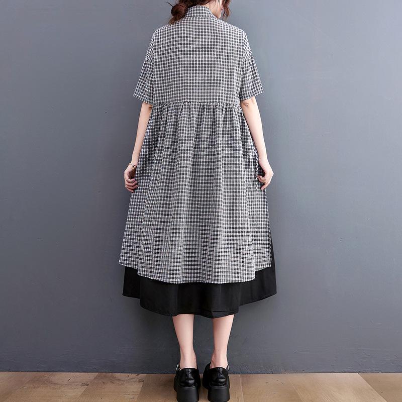 2022 Summer Korean Plus Size Plaid Waist-Gathering A-Line Dress