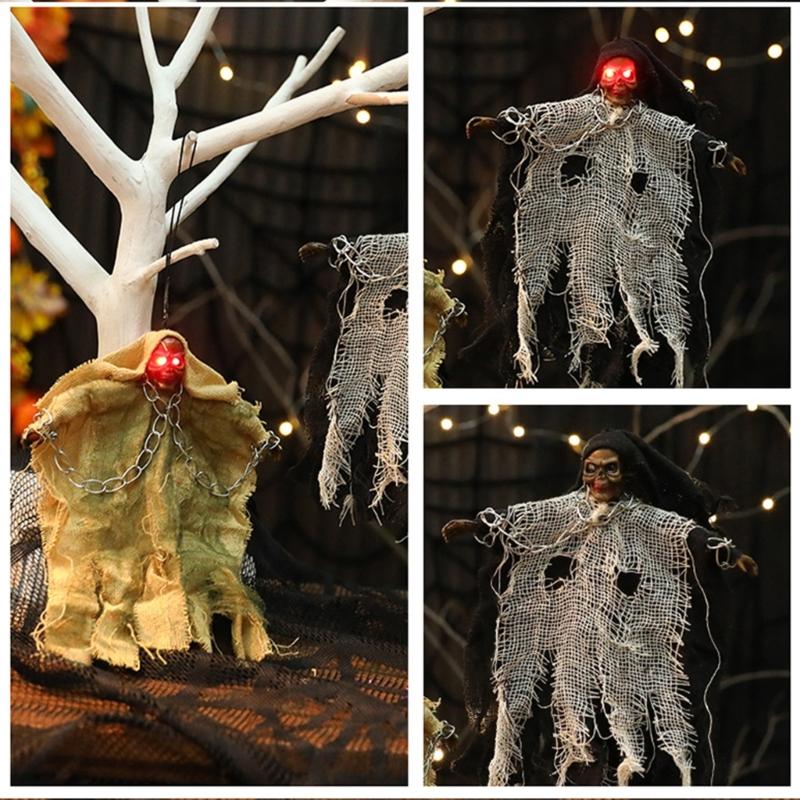 Witch Skeleton Hanging Ornament with Light up Eye Halloween Ghostly Witch Ceiling Decoration for Doorway Patios Garden