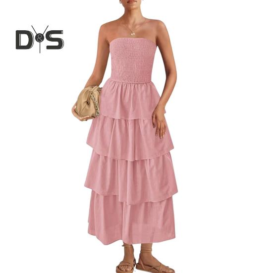 Trägerloses Kleid für Damen, schulterfrei, rückenfrei, ärmellos, Strandkleid, mehrlagiges Rüschenkleid, verstreuter Saum, Urlaubskleid, elastische Brust, Maxikleid