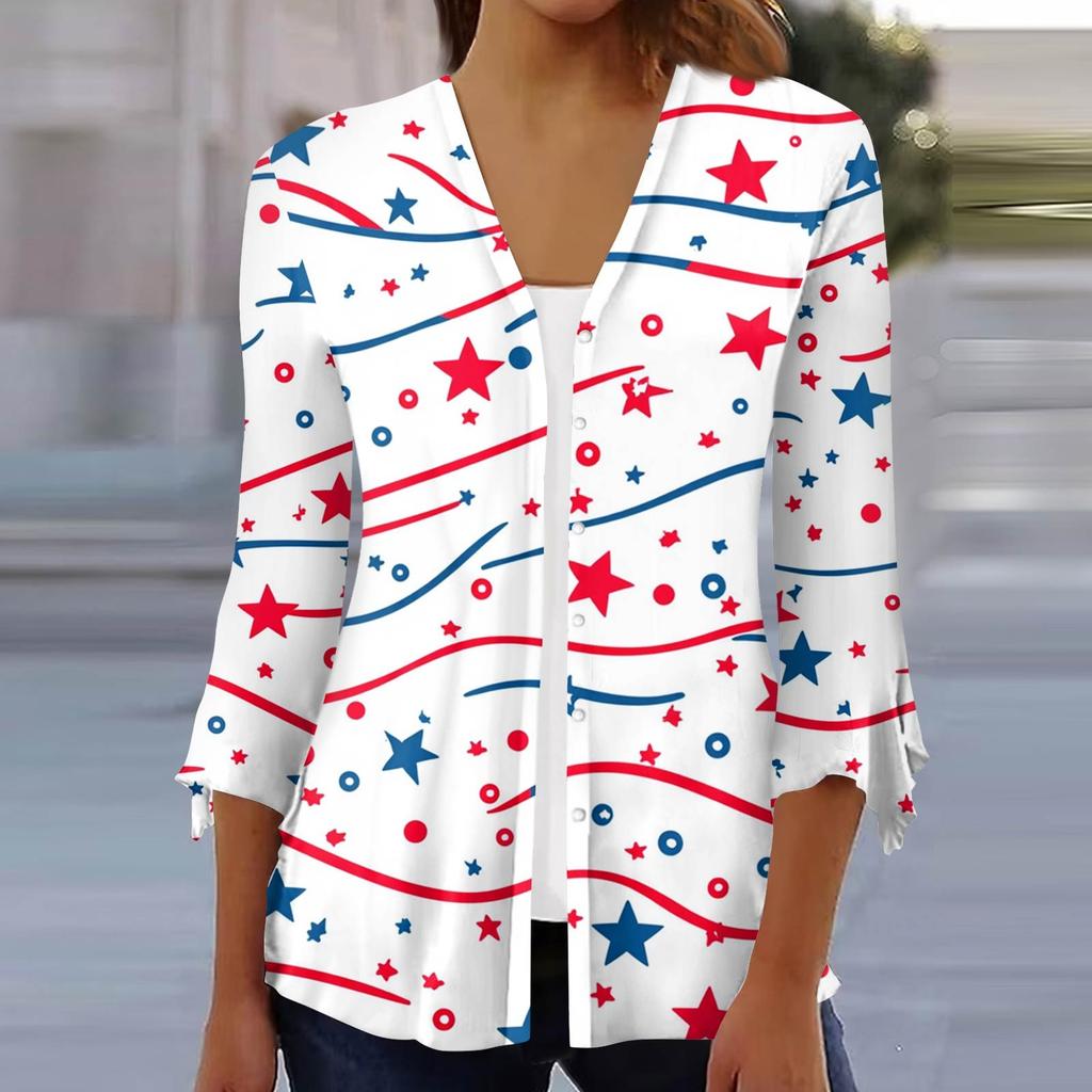 Women's Loose Casual Independence Day Printed Seven Sleeve Button Down Shirt Cardigan Top